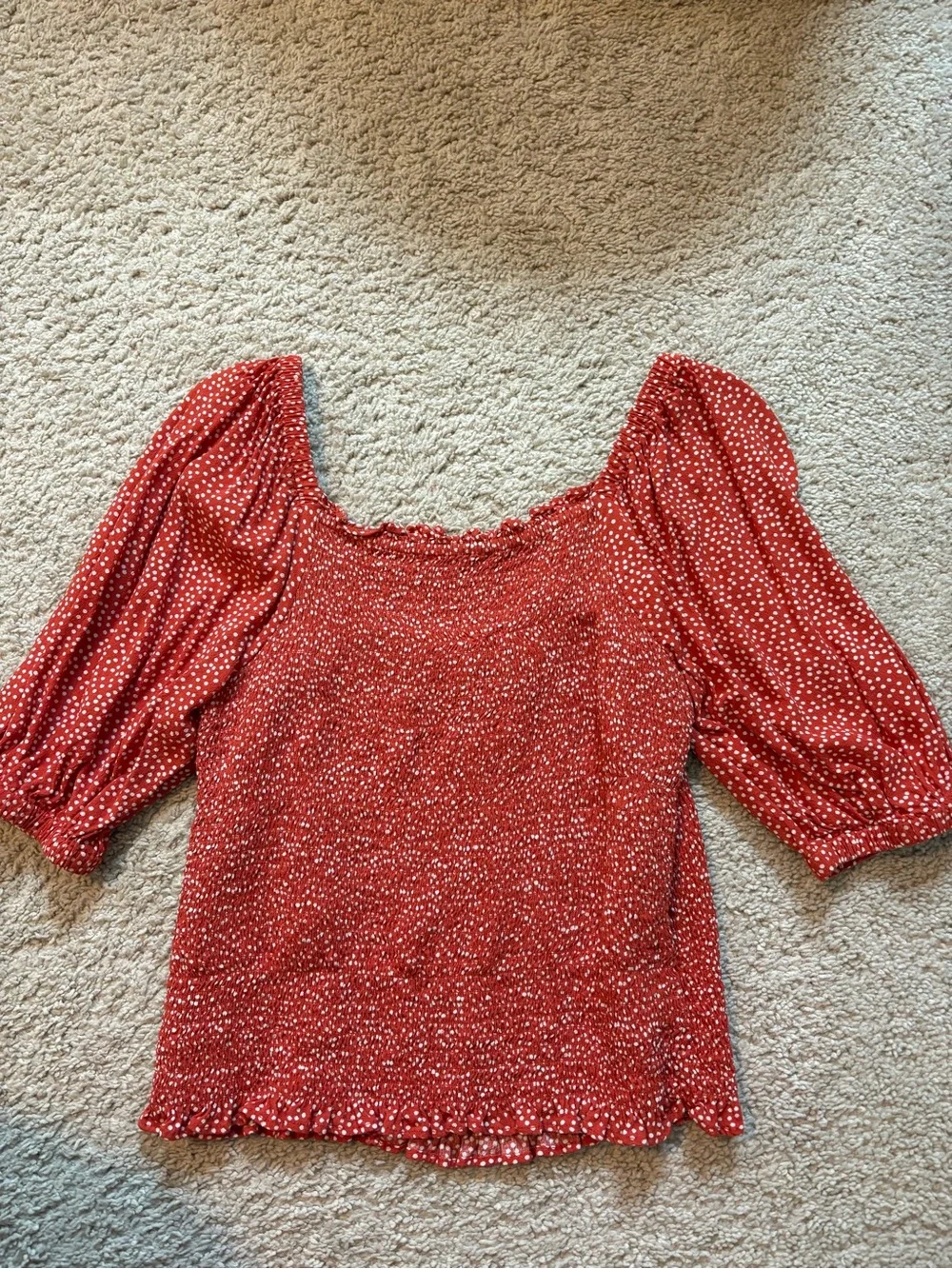 LOFT Red Smocked Square-Neck Top with Puff Sleeves